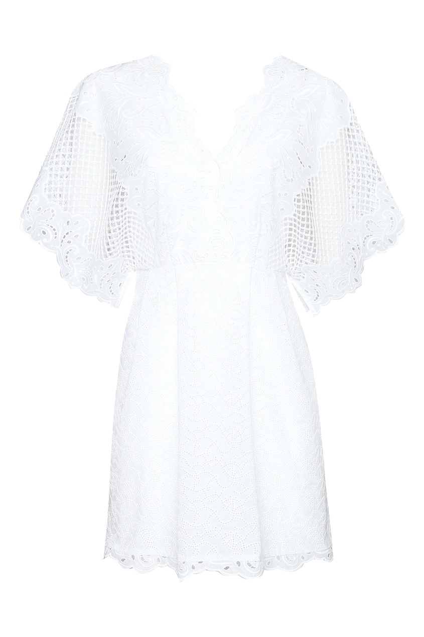 Приталенное белое мини-платье с короткими широкими рукавами и глубоким вырезом на лифе выполнено из тонкого 
